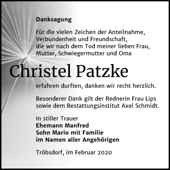 Traueranzeige von Christel Patzke von Wochenspiegel Naumburg/Nebra