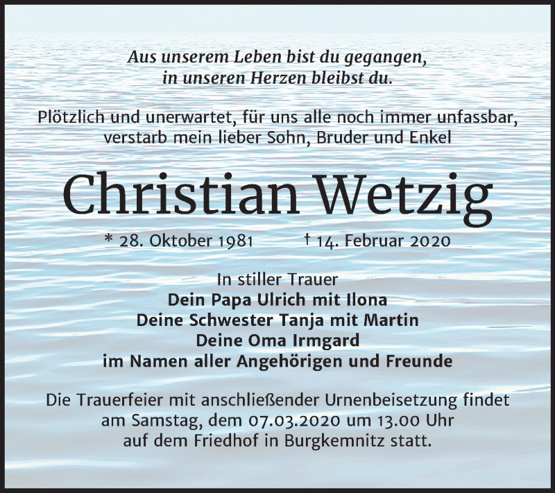  Traueranzeige für Christian Wetzig vom 29.02.2020 aus Mitteldeutsche Zeitung Bitterfeld