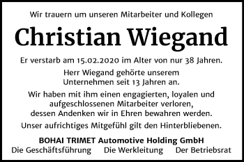 Traueranzeige von Christian Wiegand von Mitteldeutsche Zeitung Quedlinburg