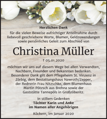 Traueranzeige von Christina Müller von Wochenspiegel Bitterfeld
