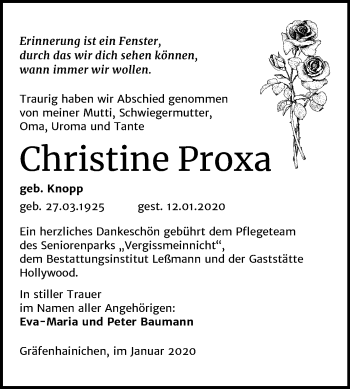 Traueranzeige von Christine Proxa von Mitteldeutsche Zeitung Wittenberg