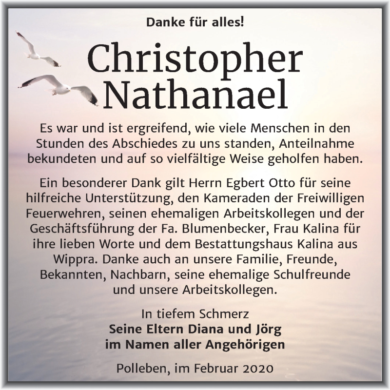  Traueranzeige für Christopher Nathanael vom 01.02.2020 aus Mitteldeutsche Zeitung Mansfelder Land