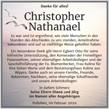 Traueranzeige von Christopher Nathanael von Super Sonntag Mansfelder Land