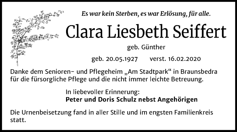  Traueranzeige für Clara Liesbeth Seiffert vom 29.02.2020 aus Mitteldeutsche Zeitung Merseburg/Querfurt