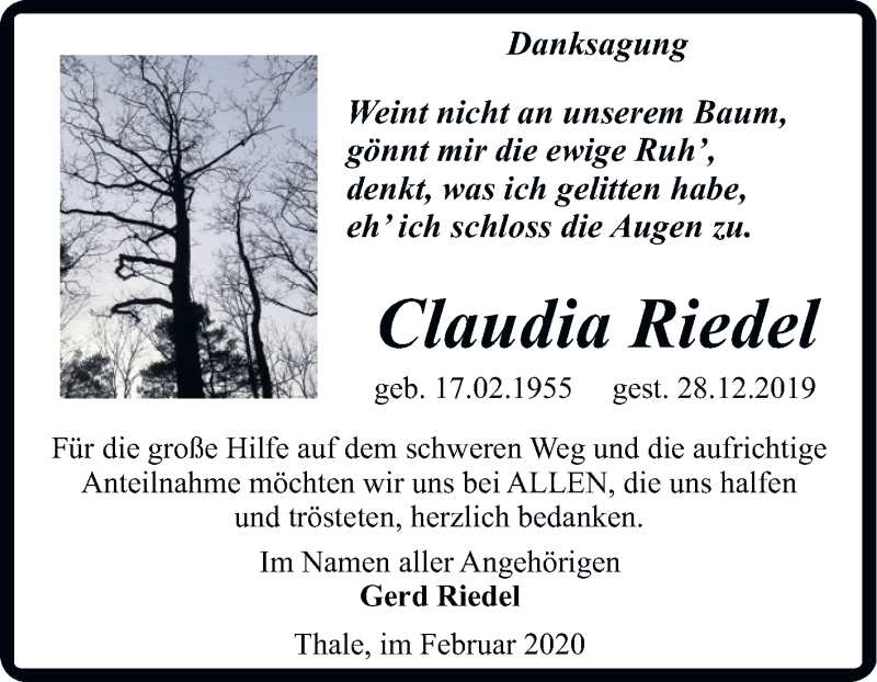  Traueranzeige für Claudia Riedel vom 01.02.2020 aus Super Sonntag Quedlinburg