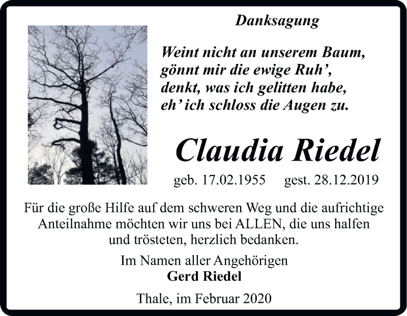  Traueranzeige für Claudia Riedel vom 01.02.2020 aus Mitteldeutsche Zeitung Quedlinburg