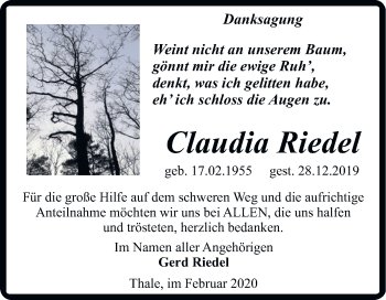 Traueranzeige von Claudia Riedel von Mitteldeutsche Zeitung Quedlinburg
