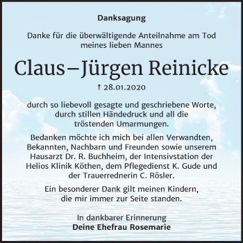 Traueranzeige von Claus-Jürgen Reinicke von Mitteldeutsche Zeitung Köthen