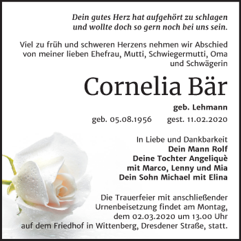 Traueranzeige von Cornelia Bär von Super Sonntag Wittenberg