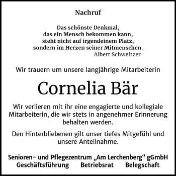 Traueranzeige von Cornelia Bär von Super Sonntag Wittenberg