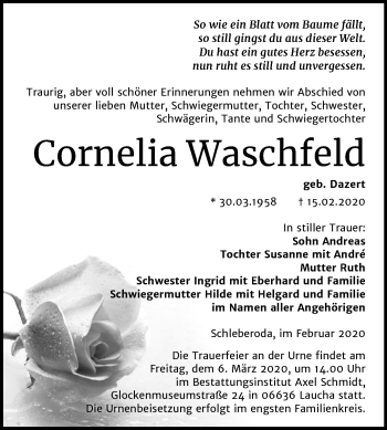 Traueranzeige von Cornelia Waschfeld von Wochenspiegel Naumburg/Nebra