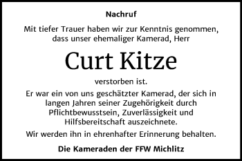 Traueranzeige von Curt Kitze von Mitteldeutsche Zeitung Weißenfels