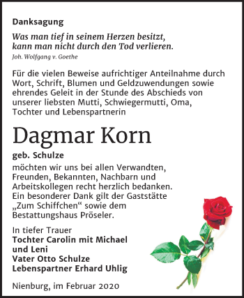 Traueranzeige von Dagmar Korn von Mitteldeutsche Zeitung Bernburg