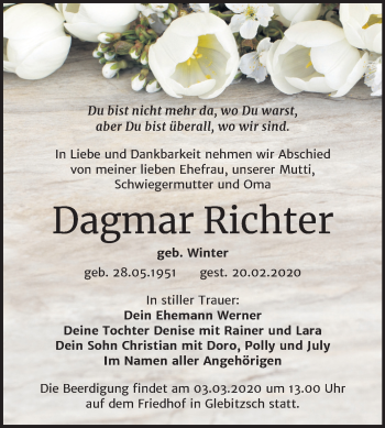 Traueranzeige von Dagmar Richter von Mitteldeutsche Zeitung Bitterfeld