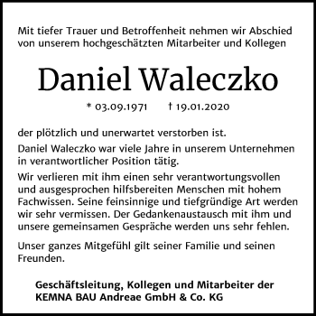 Traueranzeige von Daniel Waleczko von Mitteldeutsche Zeitung Naumburg/Nebra