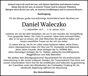 Traueranzeige von Daniel Waleczko von Mitteldeutsche Zeitung Naumburg/Nebra