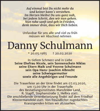 Traueranzeige von Danny Schulmann von Mitteldeutsche Zeitung Mansfelder Land