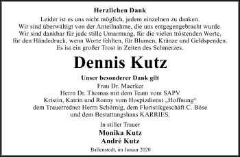 Traueranzeige von Dennis Kutz von Super Sonntag Quedlinburg