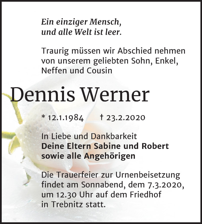 Traueranzeige für Dennis Werner vom 27.02.2020 aus Mitteldeutsche Zeitung Merseburg/Querfurt