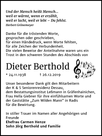 Traueranzeige von Dieter Berthold von Super Sonntag Wittenberg