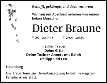 Traueranzeige von Dieter Braune von Mitteldeutsche Zeitung Naumburg/Nebra