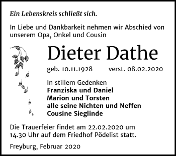 Traueranzeige von Dieter Dathe von Wochenspiegel Naumburg/Nebra