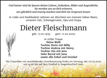 Traueranzeige von Dieter Fleischmann von Mitteldeutsche Zeitung Wittenberg