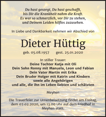Traueranzeige von Dieter Hüttig von Mitteldeutsche Zeitung Naumburg/Nebra