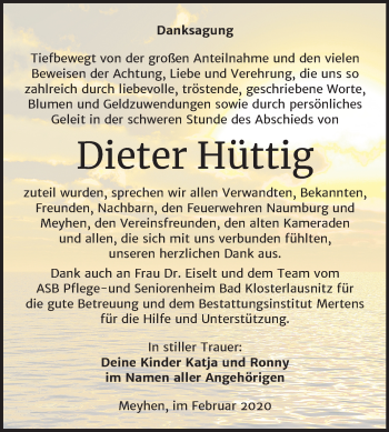 Traueranzeige von Dieter Hüttig von Mitteldeutsche Zeitung Naumburg/Nebra