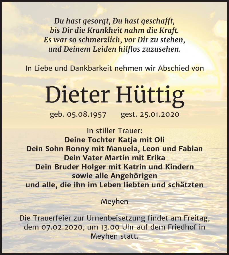  Traueranzeige für Dieter Hüttig vom 01.02.2020 aus Mitteldeutsche Zeitung Naumburg/Nebra