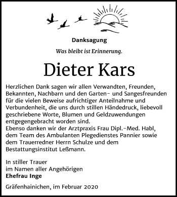 Traueranzeige von Dieter Kars von Mitteldeutsche Zeitung Wittenberg