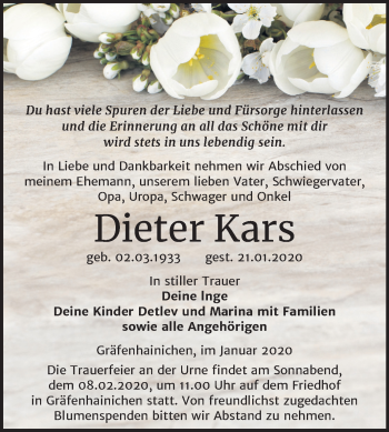 Traueranzeige von Dieter Kars von Super Sonntag Wittenberg