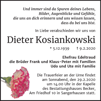 Traueranzeige von Dieter Kosiankowski von Mitteldeutsche Zeitung Sangerhausen
