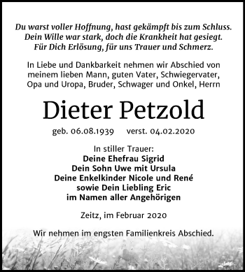 Traueranzeige von Dieter Petzold von Super Sonntag Zeitz