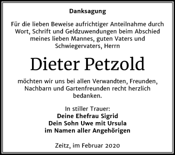Traueranzeige von Dieter Petzold von Super Sonntag Zeitz