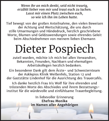 Traueranzeige von Dieter Pospiech von Wochenspiegel Weißenfels