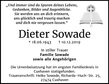 Traueranzeige von Dieter Sowade von Mitteldeutsche Zeitung Wittenberg