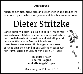 Traueranzeige von Dieter Stritzke von Super Sonntag Merseburg/Querfurt