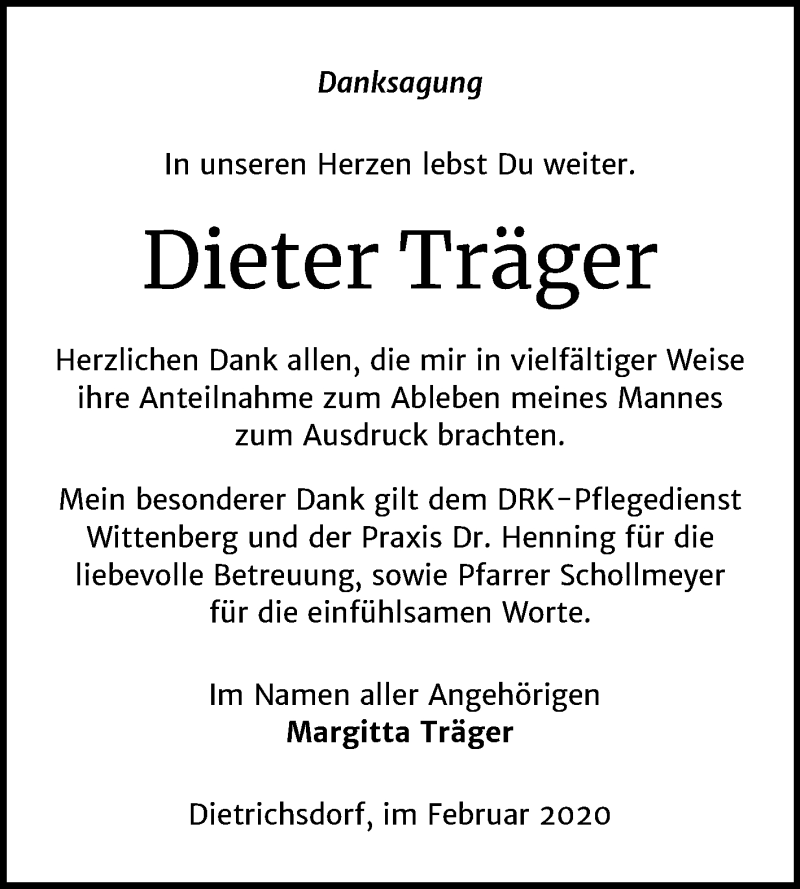  Traueranzeige für Dieter Träger vom 15.02.2020 aus Mitteldeutsche Zeitung Wittenberg