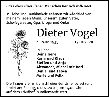 Traueranzeige von Dieter Vogel von Mitteldeutsche Zeitung Quedlinburg