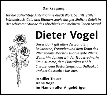 Traueranzeige von Dieter Vogel von Super Sonntag Quedlinburg
