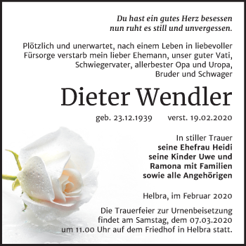 Traueranzeige von Dieter Wendler von Mitteldeutsche Zeitung Mansfelder Land