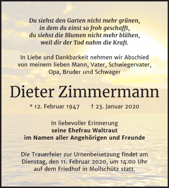 Traueranzeige von Dieter Zimmermann von Wochenspiegel Naumburg/Nebra