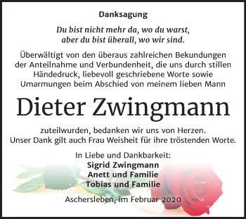 Traueranzeige von Dieter Zwingmann von Mitteldeutsche Zeitung Aschersleben