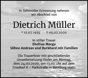 Traueranzeige von Dietrich Müller von Super Sonntag Bernburg
