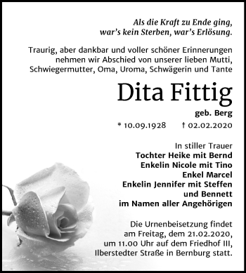 Traueranzeige von Dita Fittig von Super Sonntag Bernburg