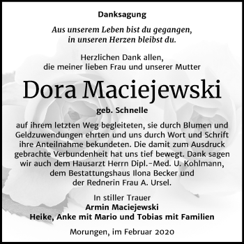 Traueranzeige von Dora Maciejewski von Mitteldeutsche Zeitung Sangerhausen