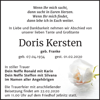 Traueranzeige von Doris Kersten von Wochenspiegel Bitterfeld