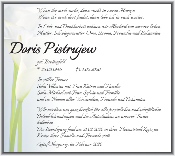 Traueranzeige von Doris Pistrujew von Mitteldeutsche Zeitung Zeitz