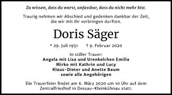 Traueranzeige von Doris Säger von Super Sonntag Dessau-Roßlau
